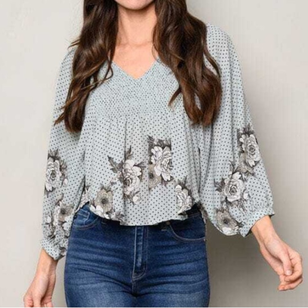 Long Sleeve V-Neck Peplum Floral Top